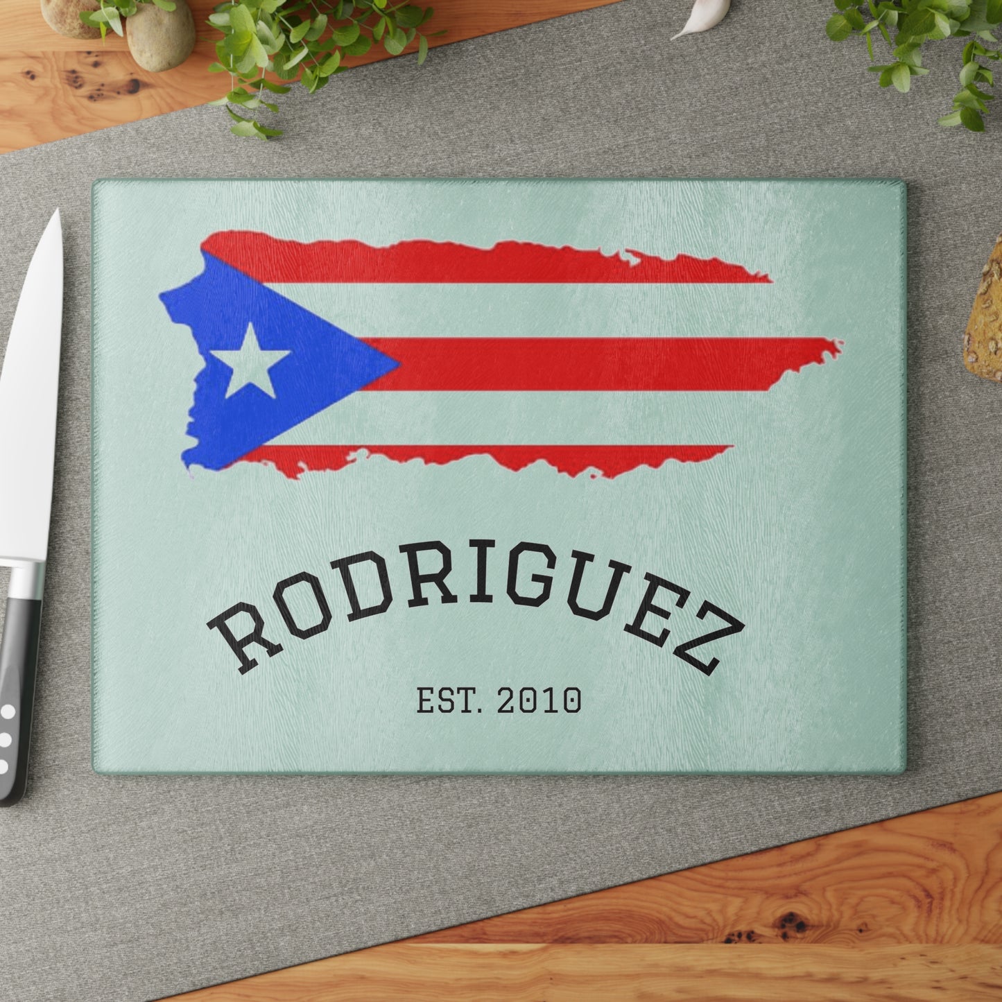 Personalized Puerto Rican Glass Cutting Board, Kitchen Decor, Home Gift, Family Name Board, Cooking Gift, Custom Kitchenware
