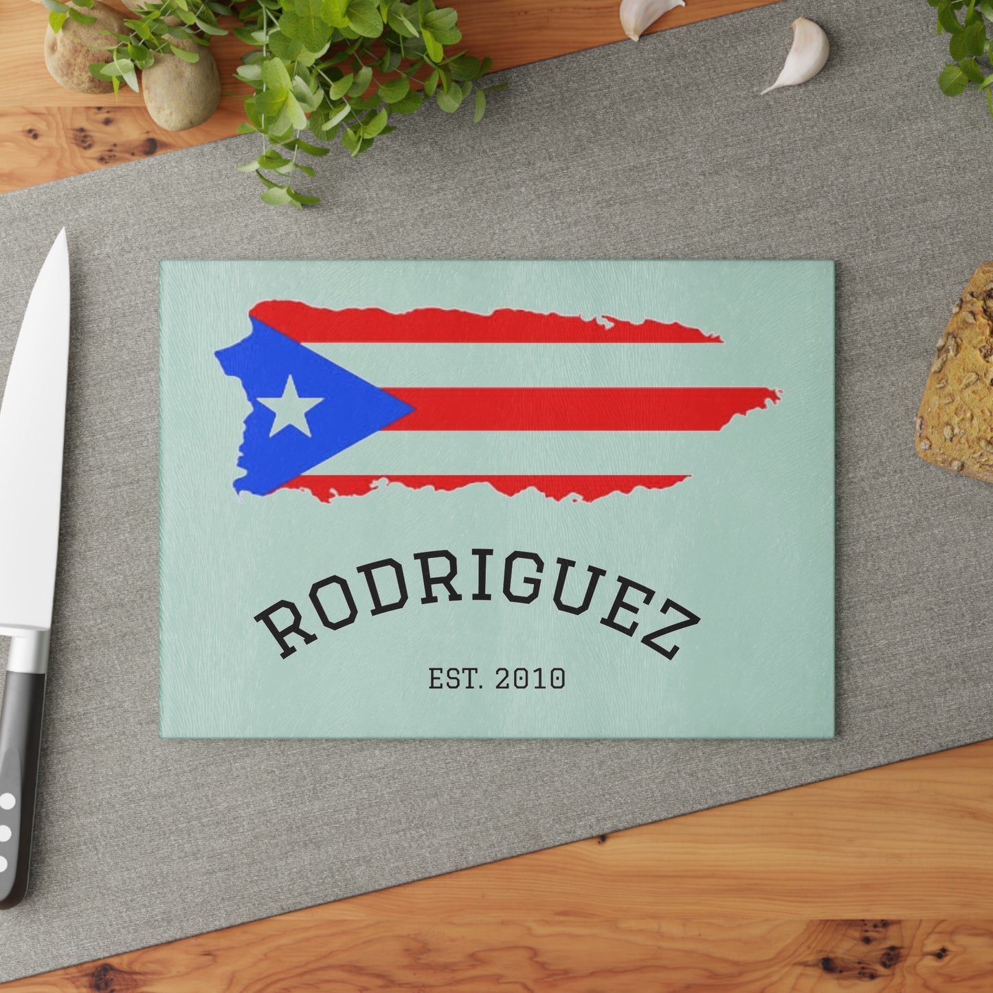 Personalized Puerto Rican Glass Cutting Board, Kitchen Decor, Home Gift, Family Name Board, Cooking Gift, Custom Kitchenware